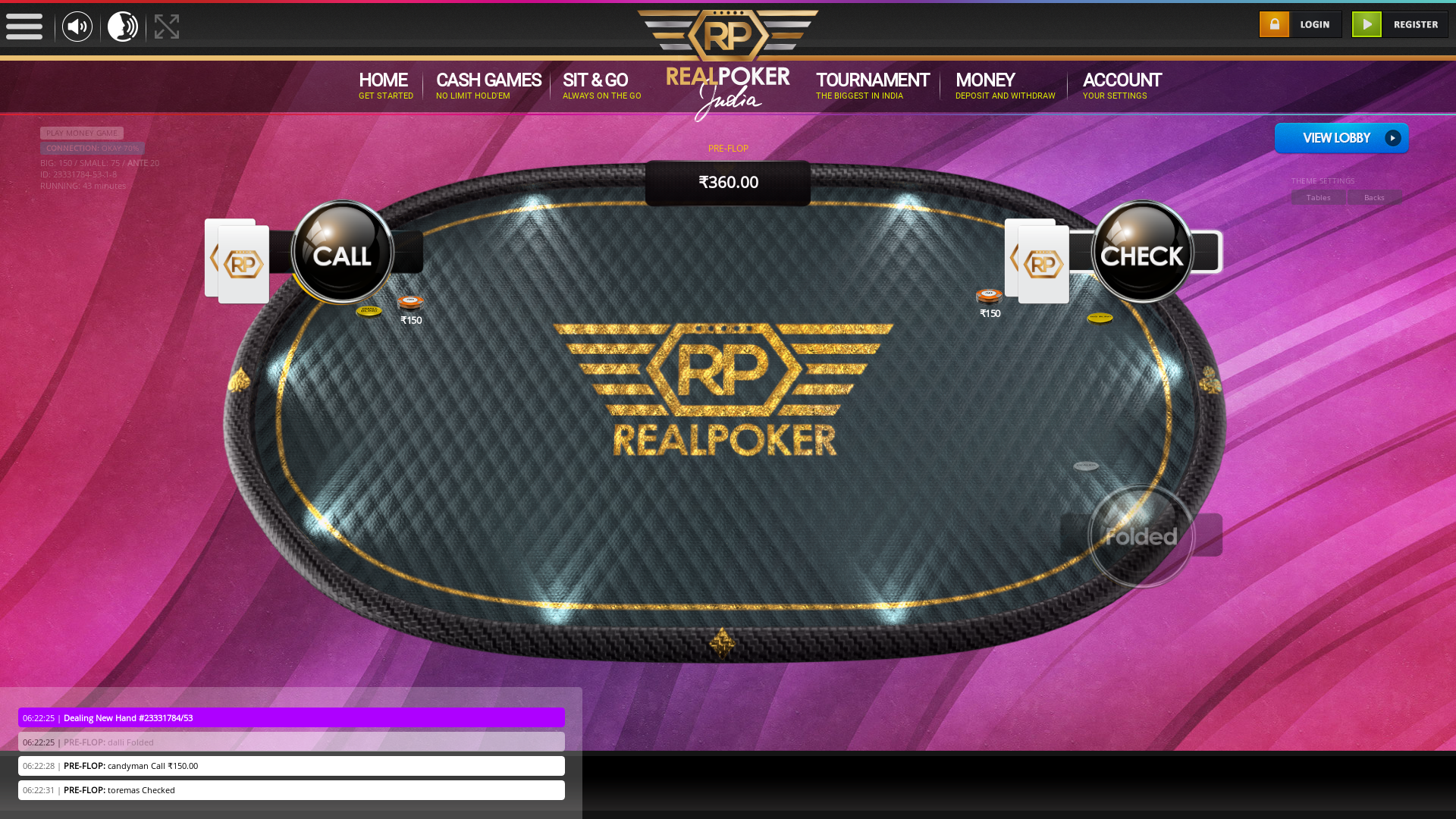 Hoodi, Bangalore online poker game on a 10 player table in the 43rd minute